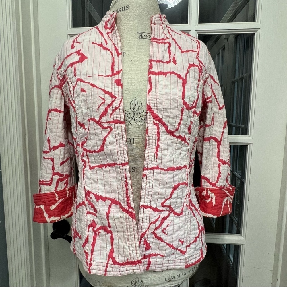 Chico’s Quilted Blazer Jacket Womens Size 0 Reversible Open Front Coral - Picture 3 of 11